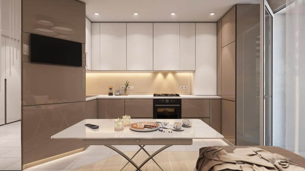 Бежевый (кремовый) холодильник в интерьере кухни