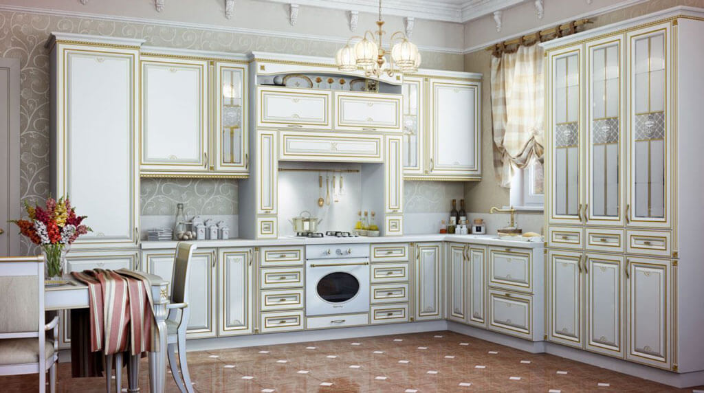 Интерьер кухни с патиной: фасады «под старину» в разных цветах и стилях