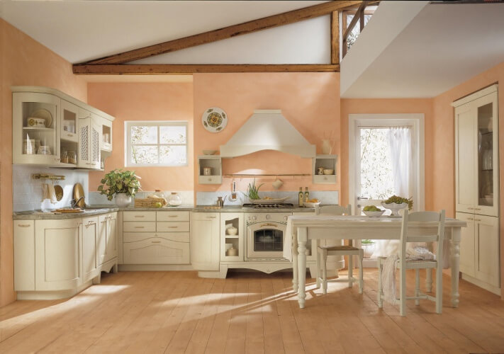 Персиковый цвет в интерьере кухни: дизайн стен, фартука, пола, потолка, выбор стиля и декора