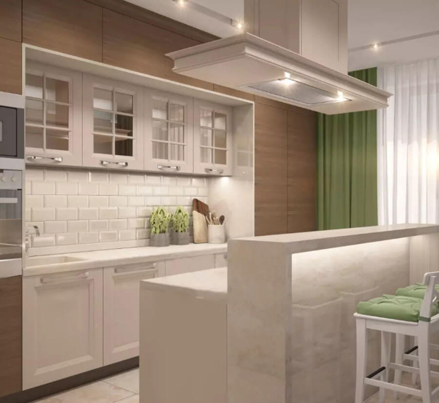 Глянцевая кухня в жемчужных цветах: ясень, олива, лен, лаванда