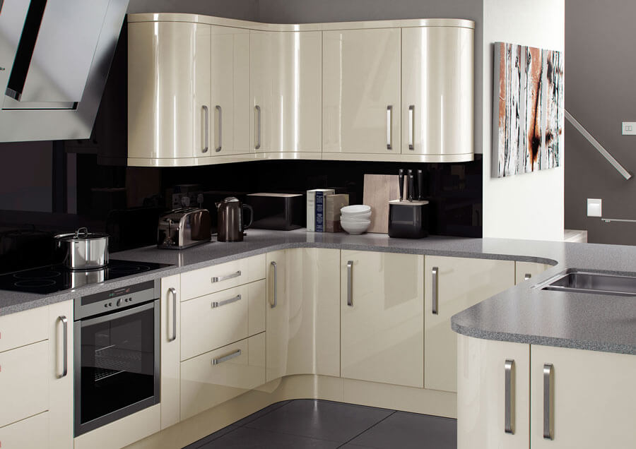 Глянцевая кухня в жемчужных цветах: ясень, олива, лен, лаванда