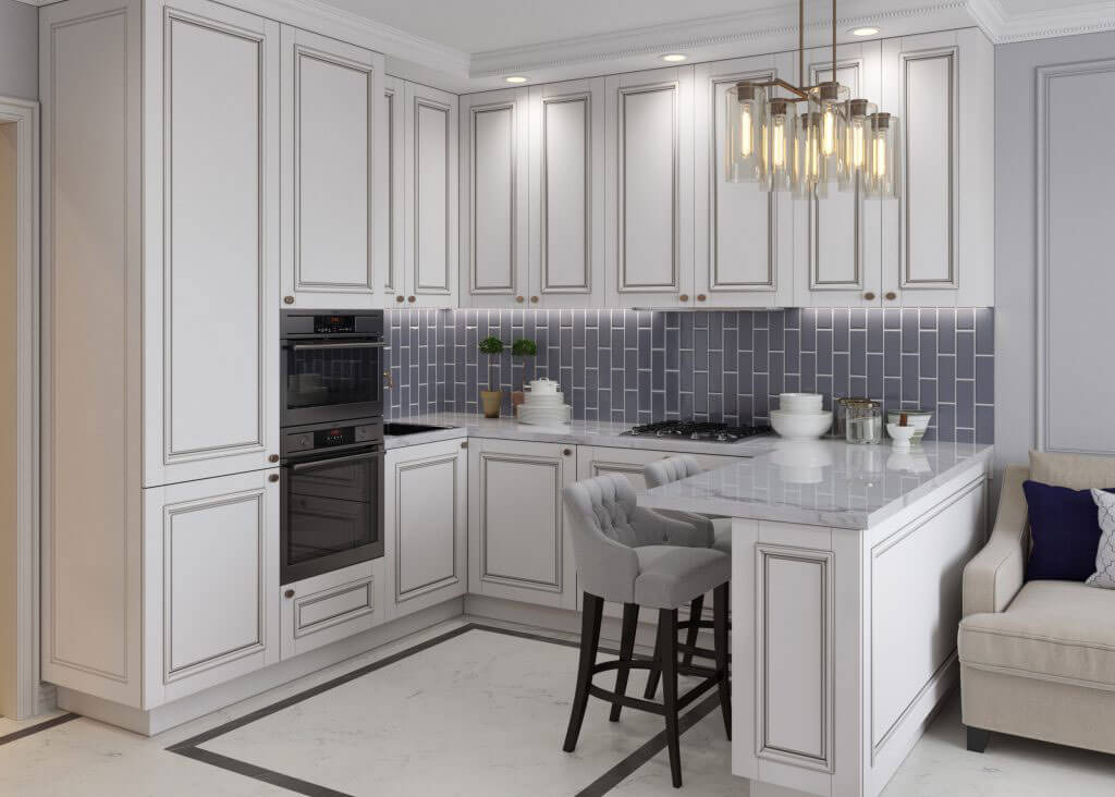 Глянцевая кухня в жемчужных цветах: ясень, олива, лен, лаванда