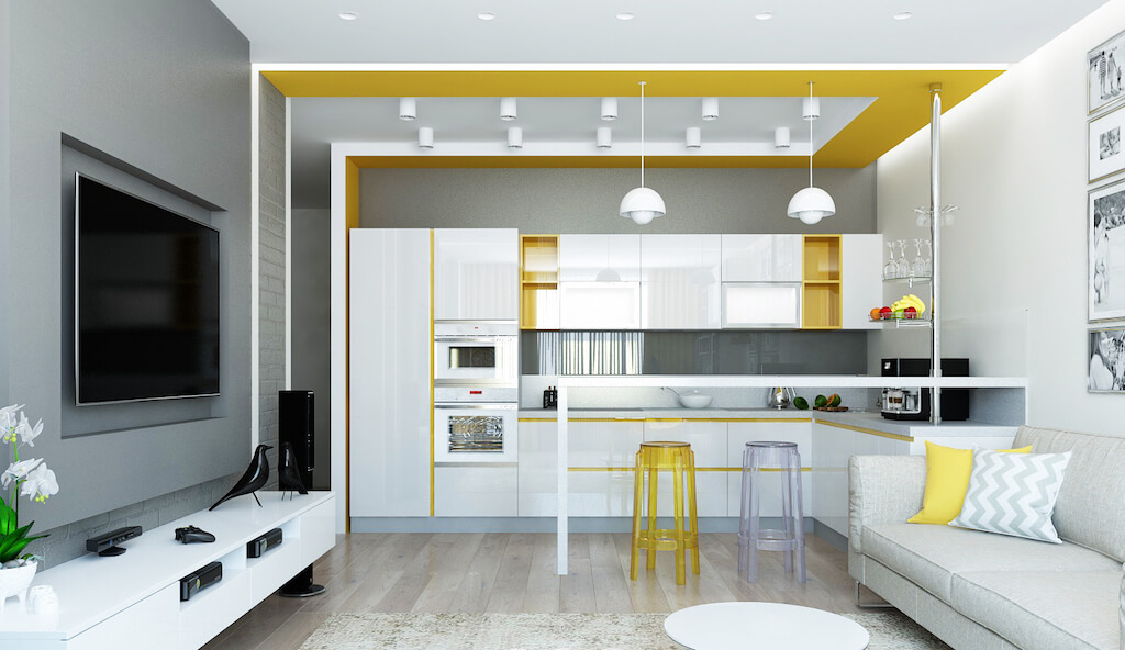 Использование барной стойки как перегородки между кухней и гостиной