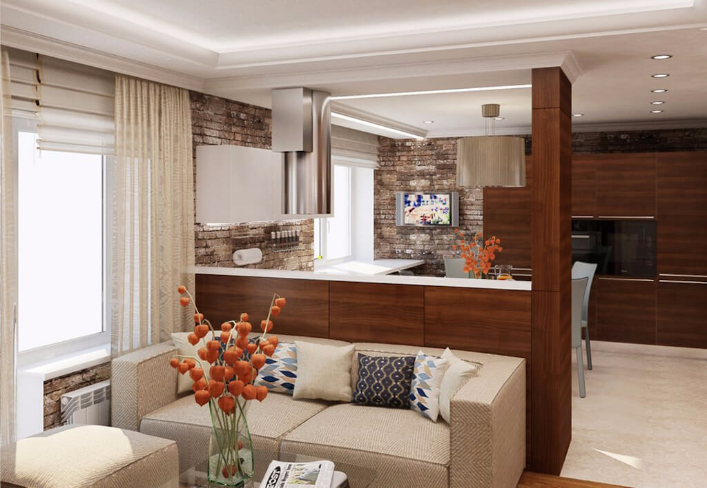 Использование барной стойки как перегородки между кухней и гостиной