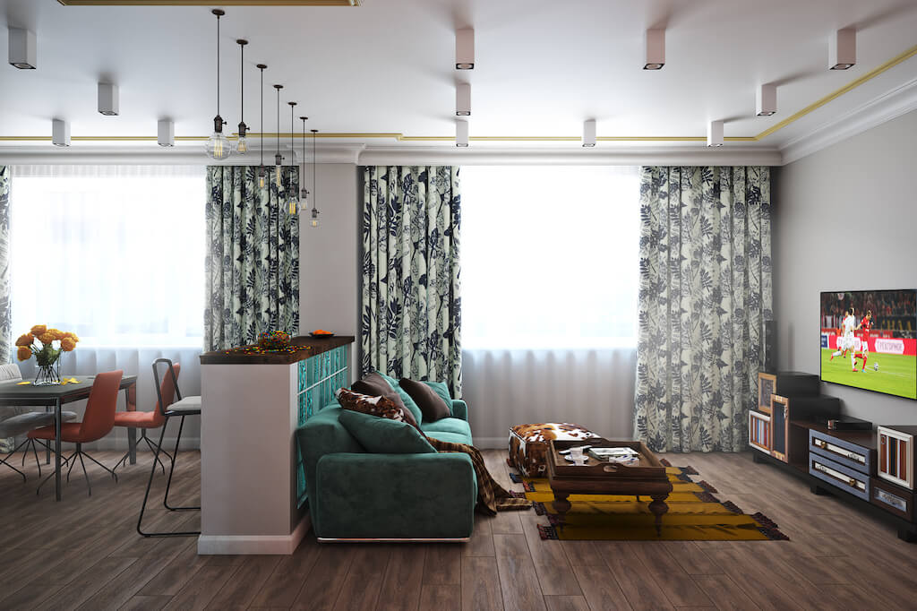 Использование барной стойки как перегородки между кухней и гостиной