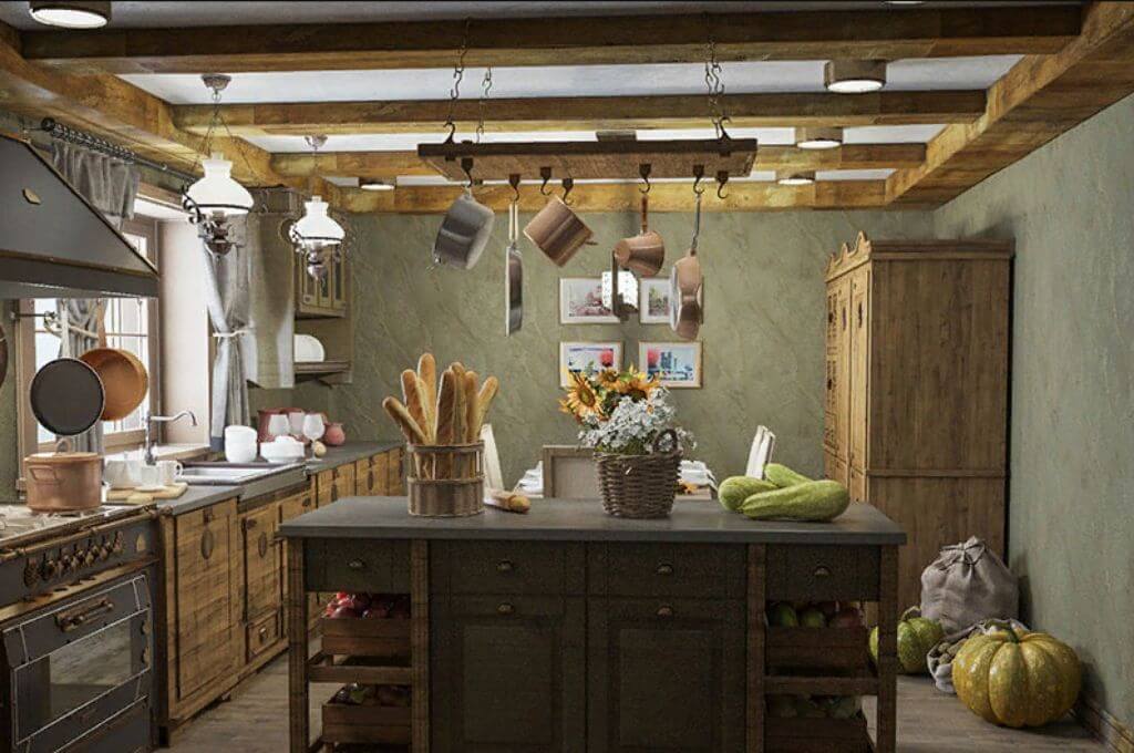 Кухня в стиле шале в загородном доме и квартире