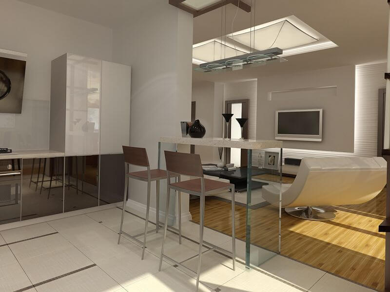 Использование барной стойки как перегородки между кухней и гостиной