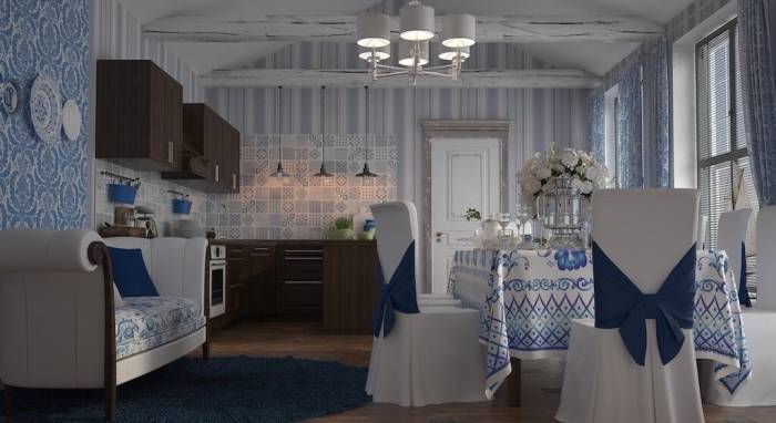 Дизайн кухни в стиле гжель в квартире и частном доме (114 фото интерьеров)
